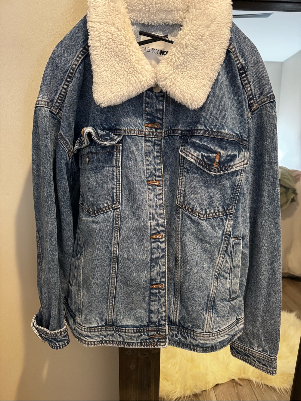 Fashion Nova Blue Denim Jacket with Cream Sherpa Collar